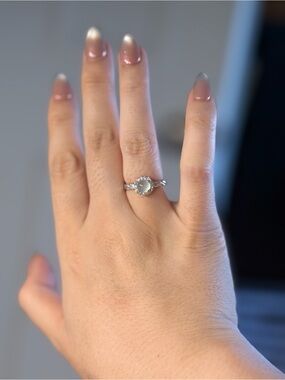 Mint Green Chalcedony Halo Ring Silver Tone Minimalist Ring